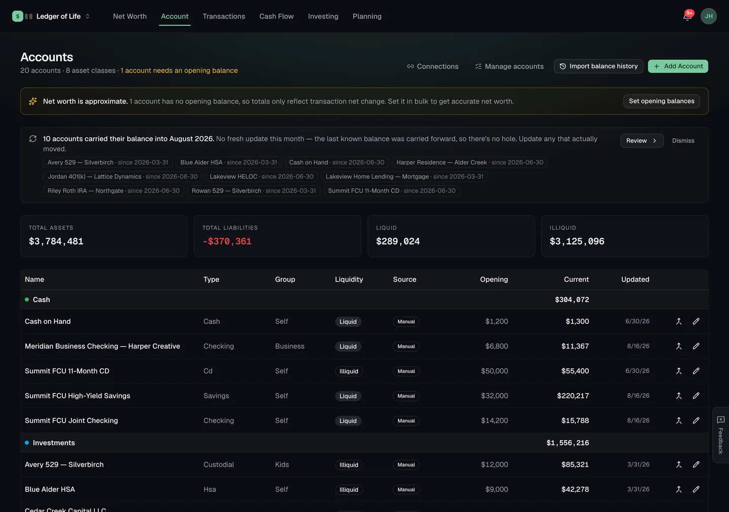Accounts page listing every account with balances grouped by class